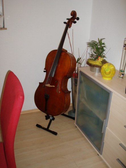 Das Cello hinterm Esstisch versteckt